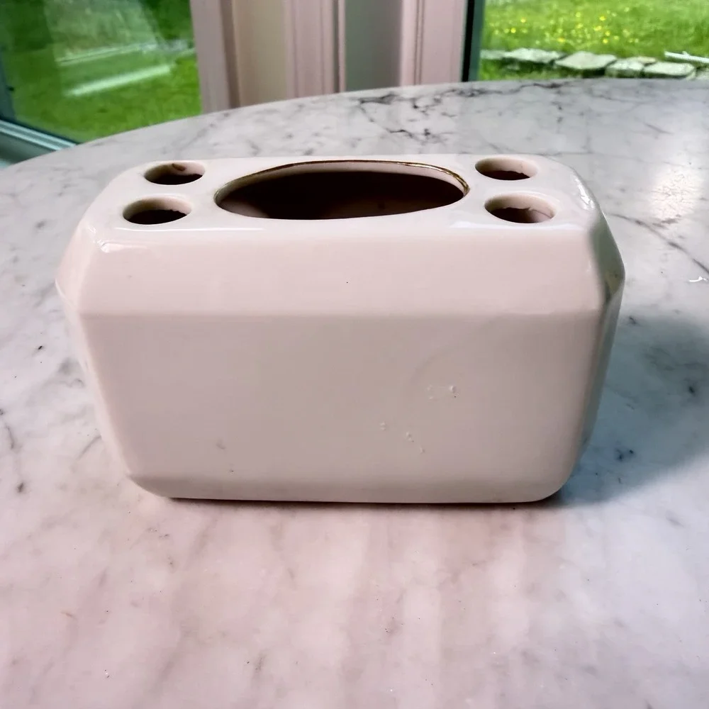 Vintage Ceramic Floral Toothbrush Holder White Blue Glossy Freestanding Bathroom